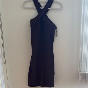 Babaton Brown One-Shoulder Cross-Strap Ribbed Dress